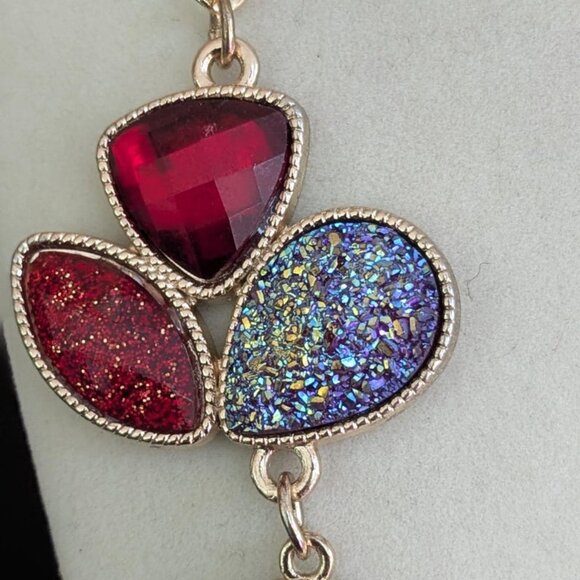 Multicolor Glass Beads Necklace - Fashion Statement Jewelry, Gold Tone Chain - Picture 4 of 6